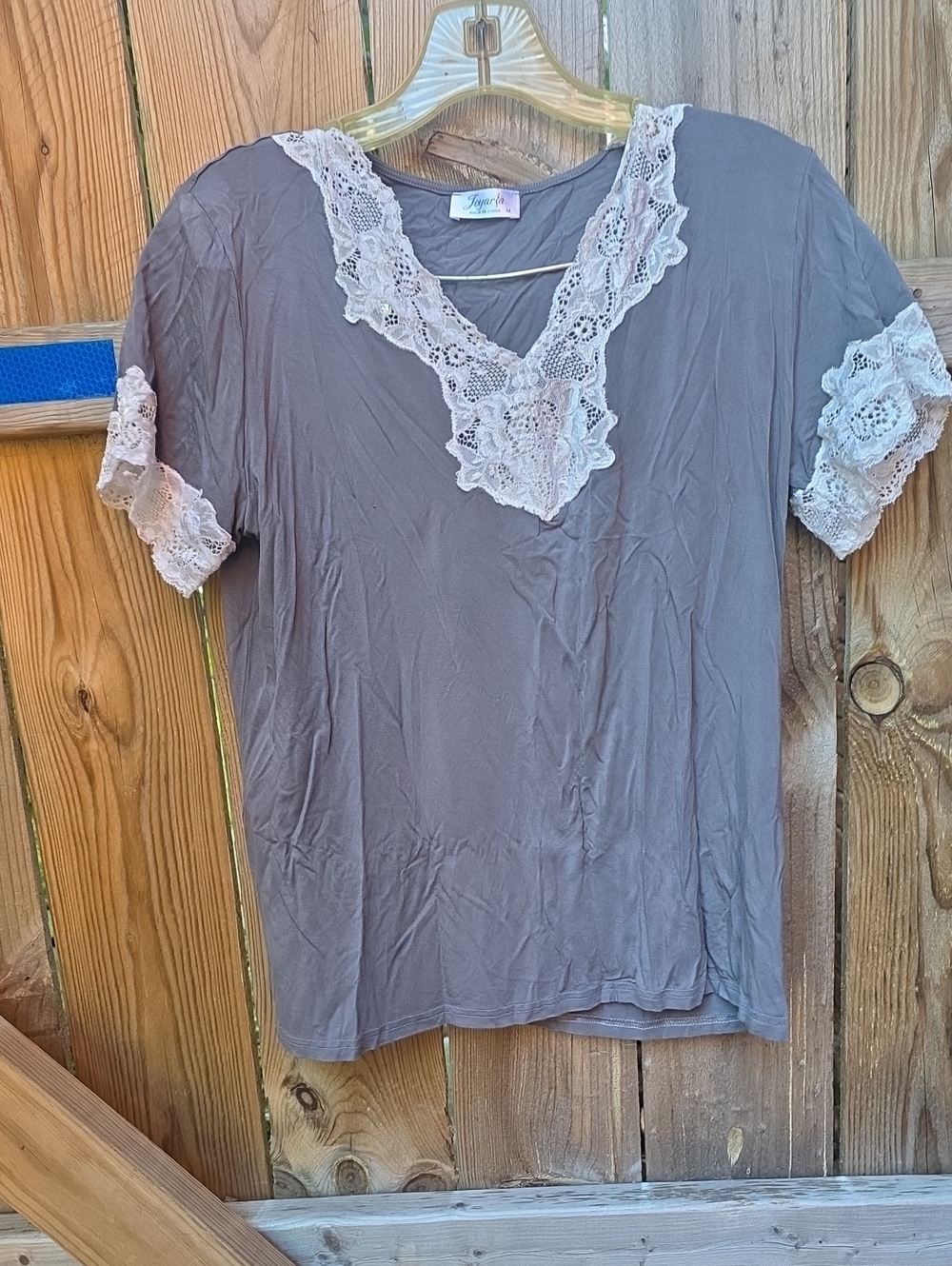 Short Sleeve Top with Cream Lace Trim